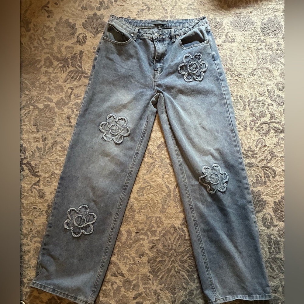 Floral Embroidered Low Rise Wide Leg Women’s Jeans